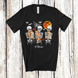 MacnyStore - Personalized Custom Name Three Skeletons Hug Cat; Funny Cat Owner Halloween Costume T-Shirt