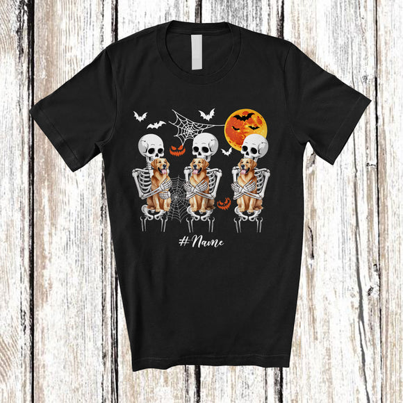 MacnyStore - Personalized Custom Name Three Skeletons Hug Golden Retriever; Lovely Halloween Moon Family T-Shirt