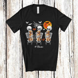 MacnyStore - Personalized Custom Name Three Skeletons Hug Golden Retriever; Lovely Halloween Moon Family T-Shirt