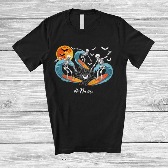 MacnyStore - Personalized Custom Name Three Skeletons Surfing; Joyful Halloween Surfer; Family T-Shirt
