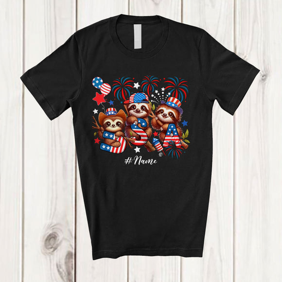 MacnyStore - Personalized Custom Name Three Sloths Holding USA; Joyful 4th Of July American Flag Patriotic T-Shirt