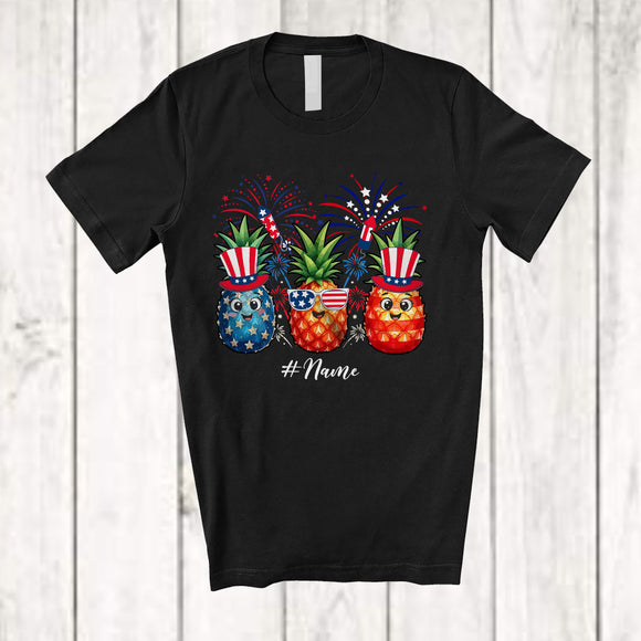 MacnyStore - Personalized Custom Name Three Sunglasses Pineapple; Lovely 4th Of July Patriotic Fruits Vegan T-Shirt