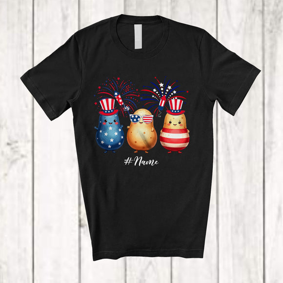 MacnyStore - Personalized Custom Name Three Sunglasses Potato; Lovely 4th Of July Patriotic Fruits Vegan T-Shirt