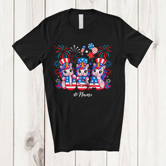 MacnyStore - Personalized Custom Name Three Unicorns Holding USA; Joyful 4th Of July American Flag Patriotic T-Shirt