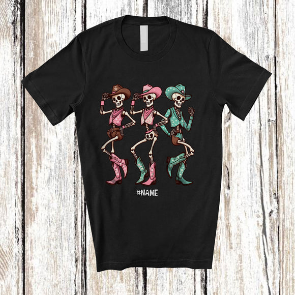 MacnyStore - Personalized Custom Name Three Western Dancing Skeletons; Joyful Halloween Cowgirl Dancer T-Shirt