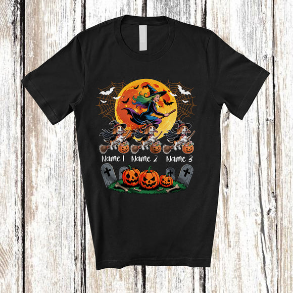 MacnyStore - Personalized Custom Name Three Witch Beagle Owner; Creepy Halloween Moon; Family Group T-Shirt