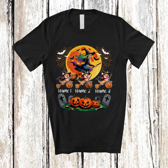 MacnyStore - Personalized Custom Name Three Witch Corgi Owner; Creepy Halloween Moon; Family Group T-Shirt