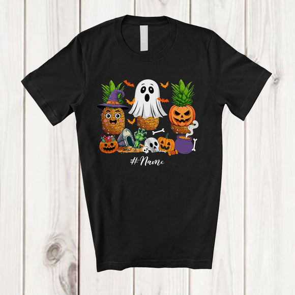 MacnyStore - Personalized Custom Name Three Witch Ghost Pumpkin Pineapples; Horror Halloween Fruit Vegan T-Shirt