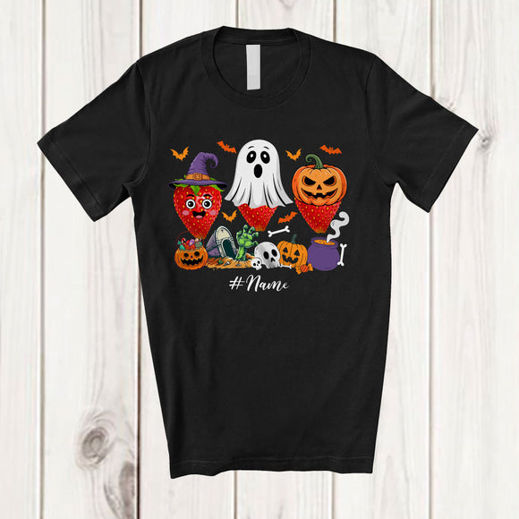 MacnyStore - Personalized Custom Name Three Witch Ghost Pumpkin Strawberries; Horror Halloween Fruit Vegan T-Shirt