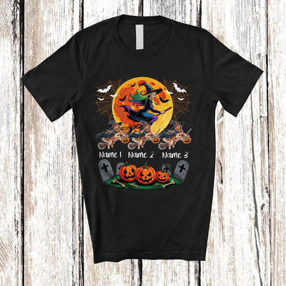 MacnyStore - Personalized Custom Name Three Witch Golden Retriever Owner; Creepy Halloween Moon; Family T-Shirt