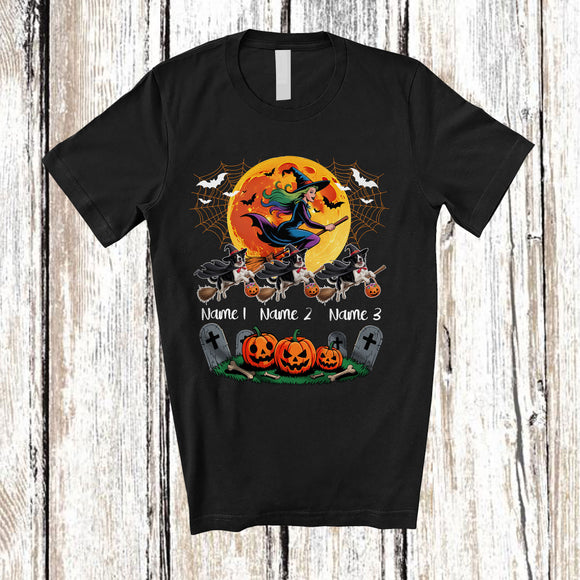 MacnyStore - Personalized Custom Name Three Witch Landseers Owner; Creepy Halloween Moon; Family Group T-Shirt