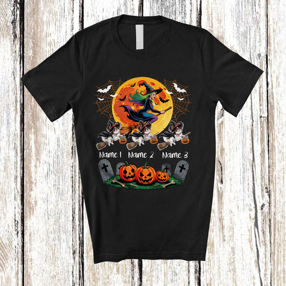MacnyStore - Personalized Custom Name Three Witch Papillon Owner; Creepy Halloween Moon; Family Group T-Shirt