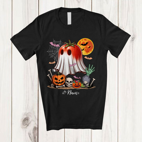MacnyStore - Personalized Custom Name Tomato Wearing Ghost Boo Costume; Creepy Halloween Fruit Vegan T-Shirt