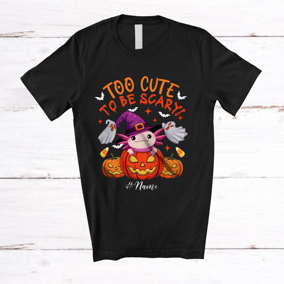 MacnyStore - Personalized Custom Name Too Cute To Be Scary; Lovely Halloween Witch Axolotl In Pumpkin T-Shirt