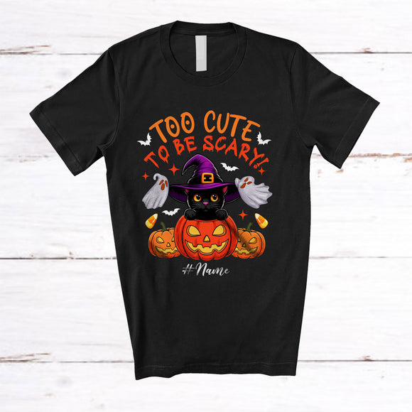 MacnyStore - Personalized Custom Name Too Cute To Be Scary; Lovely Halloween Witch Cat In Pumpkin T-Shirt