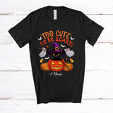 MacnyStore - Personalized Custom Name Too Cute To Be Scary; Lovely Halloween Witch Cat In Pumpkin T-Shirt