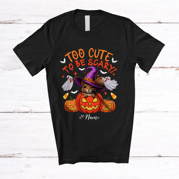 MacnyStore - Personalized Custom Name Too Cute To Be Scary; Lovely Halloween Witch Squirrel In Pumpkin T-Shirt