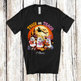 MacnyStore - Personalized Custom Name Trick Or Teach; Lovely Halloween Three Boo Ghost Moon; Teacher T-Shirt
