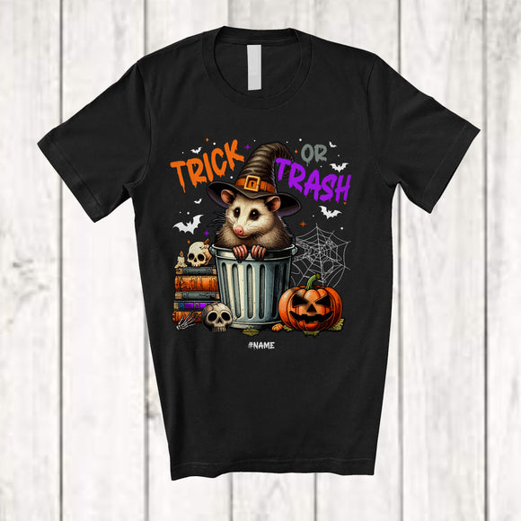MacnyStore - Personalized Custom Name Trick Or Trash; Sarcastic Halloween Witch Opossum Feral Trash Animal T-Shirt