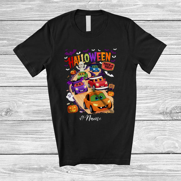 MacnyStore - Personalized Custom Name Trick Or Treat; Amusing Halloween Cartoon Car; Boys Family T-Shirt