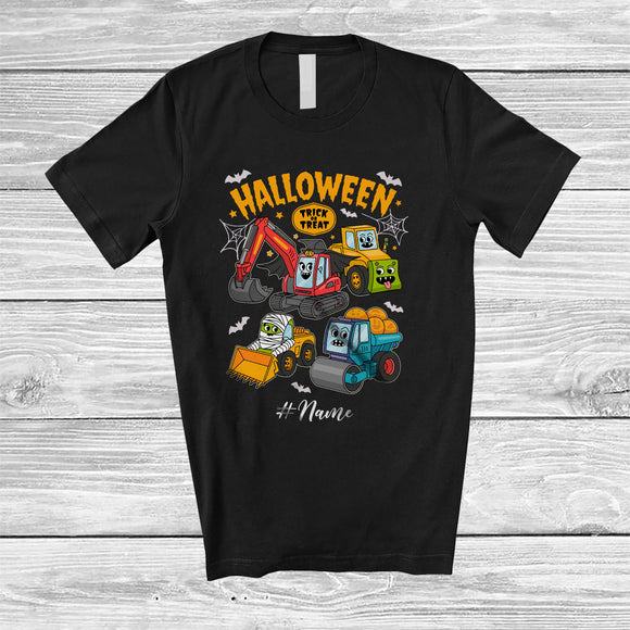 MacnyStore - Personalized Custom Name Trick Or Treat; Amusing Halloween Cartoon Construction Vehicle T-Shirt