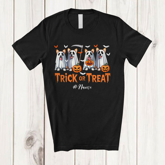 MacnyStore - Personalized Custom Name Trick Or Treat; Horror Halloween Four Boo Ghost Corgi Owner Lover T-Shirt