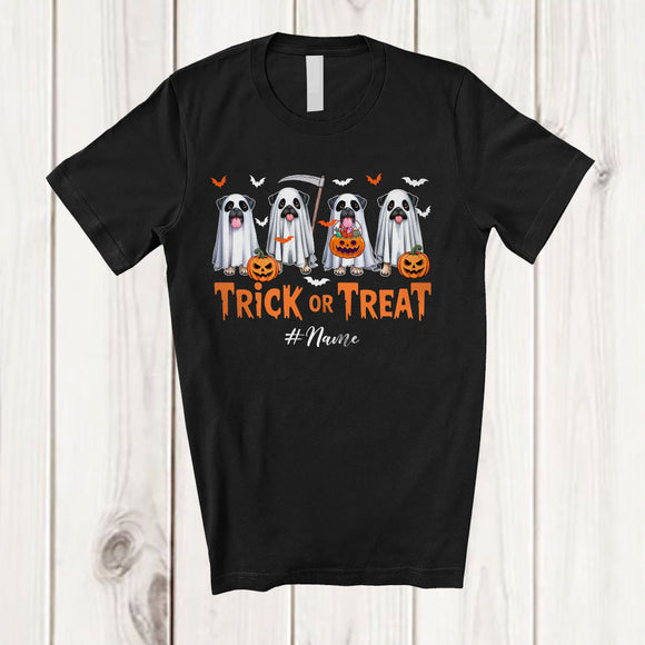 MacnyStore - Personalized Custom Name Trick Or Treat; Horror Halloween Four Boo Ghost Pug Owner Lover T-Shirt