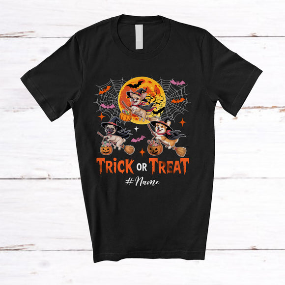 MacnyStore - Personalized Custom Name Trick Or Treat; Scary Halloween Moon Three Witch Chihuahua Corgi Pug T-Shirt