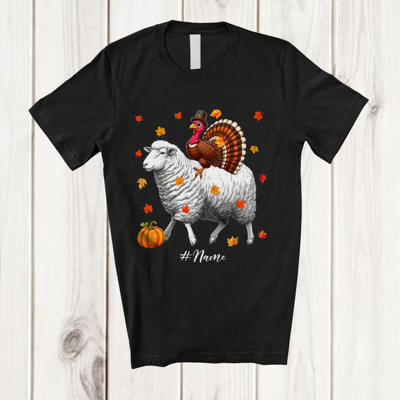 MacnyStore - Personalized Custom Name Turkey Riding A Sheep; Awesome Thanksgiving Fall Farm Farmer T-Shirt