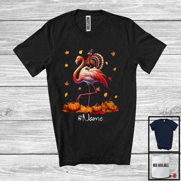 MacnyStore - Personalized Custom Name Turkey Riding Flamingo, Lovely Thanksgiving Pumpkins, Flamingo Lover T-Shirt