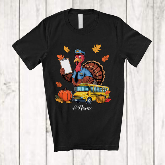 MacnyStore - Personalized Custom Name Turkey School Bus Driver; Amusing Thanksgiving Fall Leaf Pumpkin; Job T-Shirt
