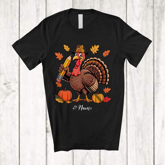 MacnyStore - Personalized Custom Name Turkey Teacher; Amusing Thanksgiving Fall Leaf Pumpkin; Proud Job T-Shirt