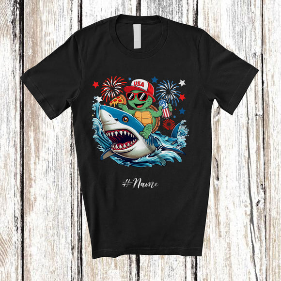 MacnyStore - Personalized Custom Name Turtle Riding Shark Drinking Eat Pizza; Lovely 4th Of July Patriotic T-Shirt