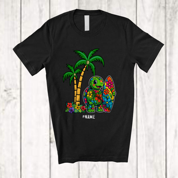 MacnyStore - Personalized Custom Name Turtle Surfer; Joyful Summer Vacation Hawaiian Surfing Lover T-Shirt