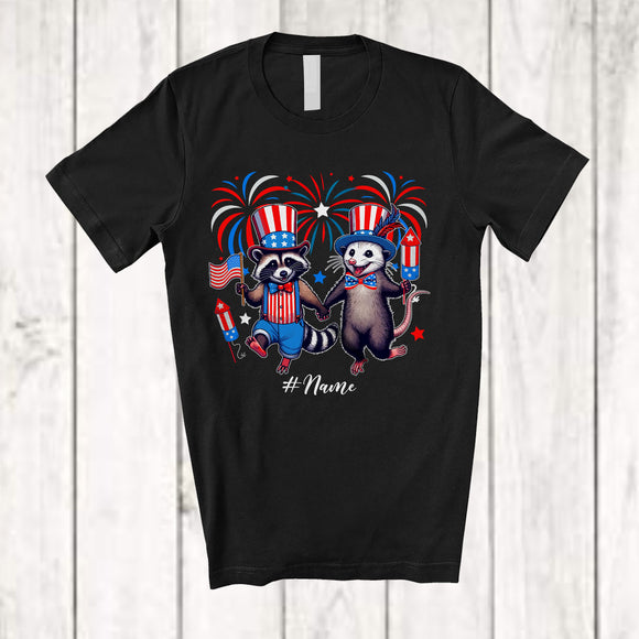 MacnyStore - Personalized Custom Name US Flag Fireworks Raccoon and Opossum; Joyful 4th of July Patriotic T-Shirt