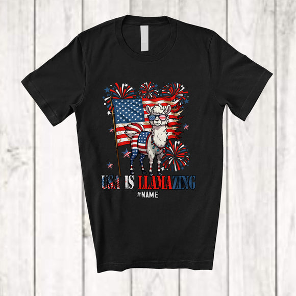 MacnyStore - Personalized Custom Name USA Is Llamazing; Humorous 4th Of July Llama US Flag Patriotic T-Shirt
