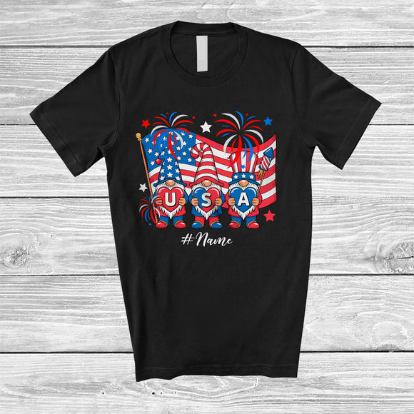 MacnyStore - Personalized Custom Name USA; Amazing 4th Of July Three Gnomes American Flag; Patriotic T-Shirt