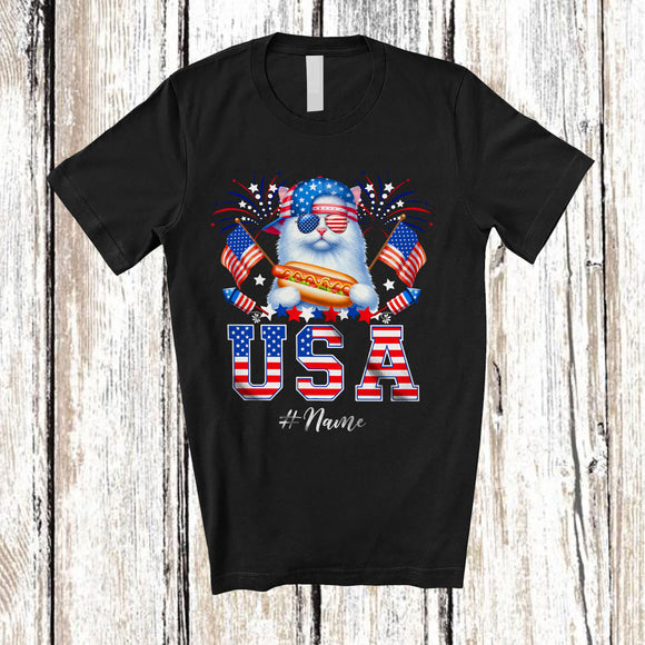 MacnyStore - Personalized Custom Name USA; Amusing 4th Of July Cat with Hotdog US Flag; Patriotic T-Shirt