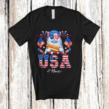 MacnyStore - Personalized Custom Name USA; Amusing 4th Of July Cat with Hotdog US Flag; Patriotic T-Shirt