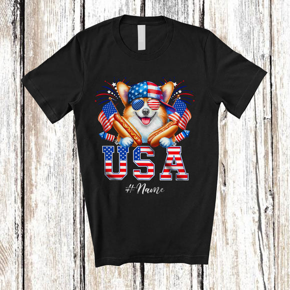 MacnyStore - Personalized Custom Name USA; Amusing 4th Of July Corgi with Hotdog US Flag; Patriotic T-Shirt