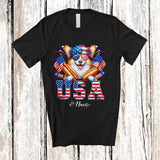 MacnyStore - Personalized Custom Name USA; Amusing 4th Of July Corgi with Hotdog US Flag; Patriotic T-Shirt