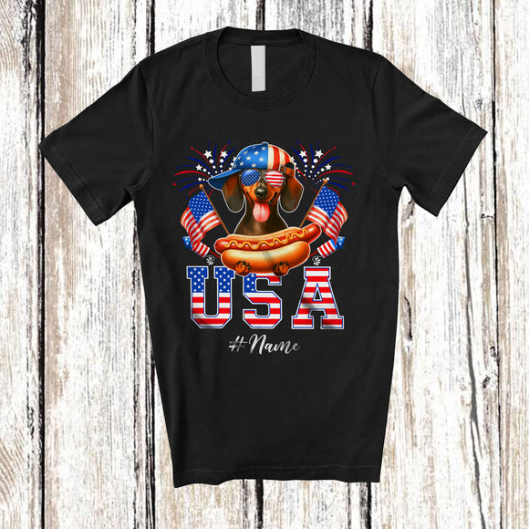 MacnyStore - Personalized Custom Name USA; Amusing 4th Of July Dachshund with Hotdog US Flag; Patriotic T-Shirt