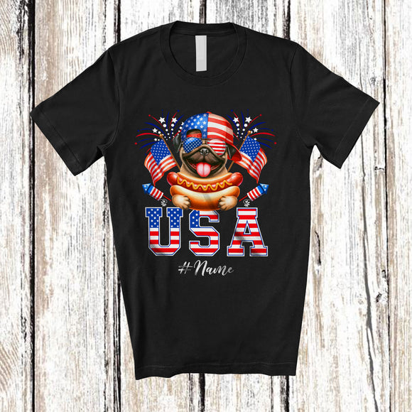 MacnyStore - Personalized Custom Name USA; Amusing 4th Of July Pug with Hotdog US Flag; Patriotic T-Shirt