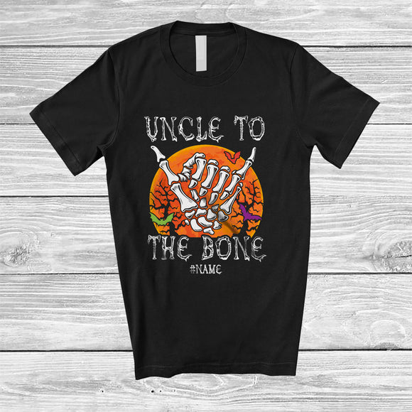 MacnyStore - Personalized Custom Name Uncle To The Bone; Scary Halloween Moon Skeleton Hand; Family T-Shirt