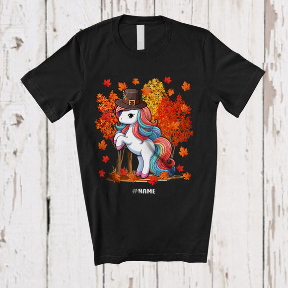 MacnyStore - Personalized Custom Name Unicorn Pilgrim With Fall Tree; Humorous Thanksgiving Family T-Shirt