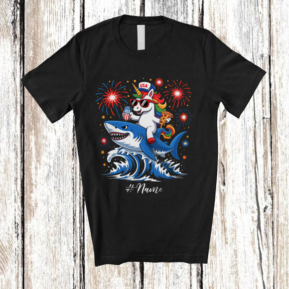 MacnyStore - Personalized Custom Name Unicorn Riding Shark Drinking Eat Pizza; Lovely 4th Of July Patriotic T-Shirt