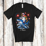 MacnyStore - Personalized Custom Name Unicorn Riding Shark Drinking Eat Pizza; Lovely 4th Of July Patriotic T-Shirt