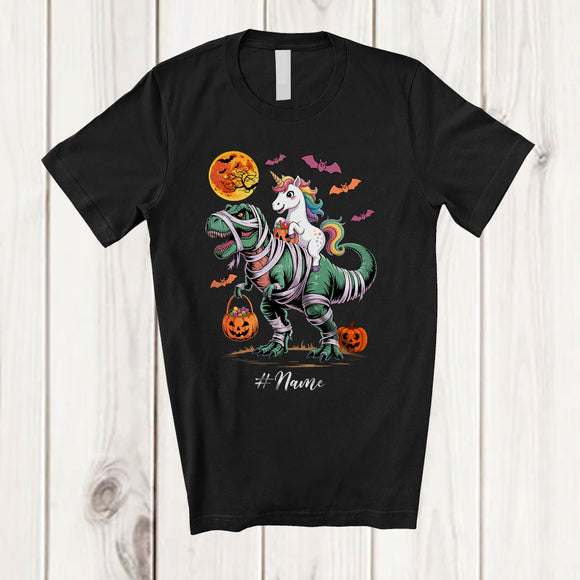MacnyStore - Personalized Custom Name Unicorn Riding T-Rex Mummy; Scary Halloween Dinosaur Cosplay; Family T-Shirt