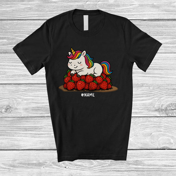 MacnyStore - Personalized Custom Name Unicorn on Strawberries; Adorable Unicorn Vegan Fruit Lover T-Shirt