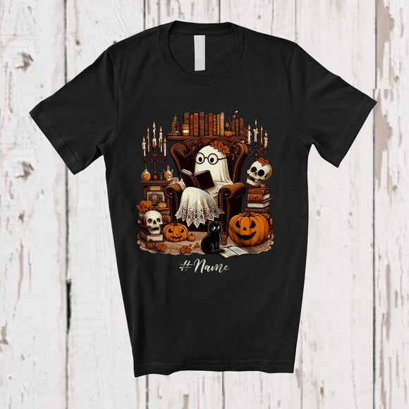MacnyStore - Personalized Custom Name Vintage Ghost Reading Books; Lovely Halloween Librarian Teacher T-Shirt